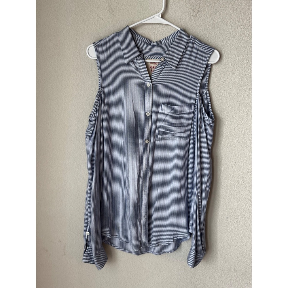 SO Perfect Shirt Blue White Striped Cold Shoulder Button Down Top Large